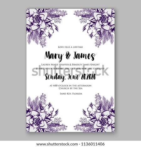 Floral ink violet wedding invitation vector printable card template Bridal shower bouquet flower marriage ceremony wording text