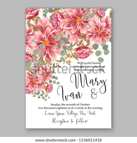 Floral red chrysanthemum peony dahlia wedding invitation vector printable card template Bridal shower bouquet flower marriage ceremony wording text