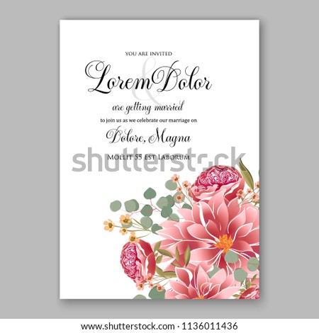 Floral red chrysanthemum peony dahlia wedding invitation vector printable card template Bridal shower bouquet flower marriage ceremony wording text