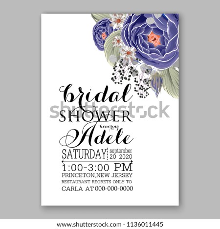 Floral blue rose peony ranunculus wedding invitation vector printable card template Bridal shower bouquet flower marriage ceremony wording text