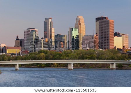 Minneapolis. Image of Minneapolis downtown skyline at sunset.