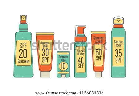 Bundle of SPF sun protection cosmetics in various package isolated on white background. Collection of packaging for sunscreen. Set of tan products in bottles and tubes. Colorful vector illustration