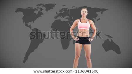 Digital composite of Athlethic exercise woman with world map