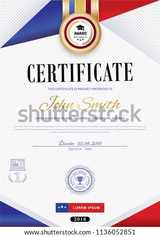 Official white certificate with red violet ribbons and education design elements, graduatioin cap, cup. Clean modern design.. Afstract background. Sheet in a cage. Colors of American flag and stars