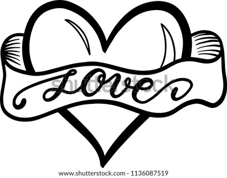 Stylized hand drawn heart with lettering, vector