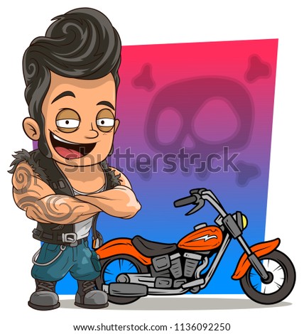 Cartoon strong handsome biker character with red motorbike on skull background.
