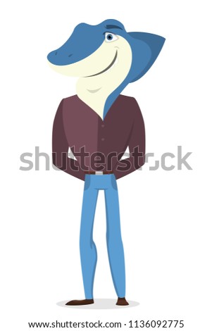 Isolated shark man with human body on white.