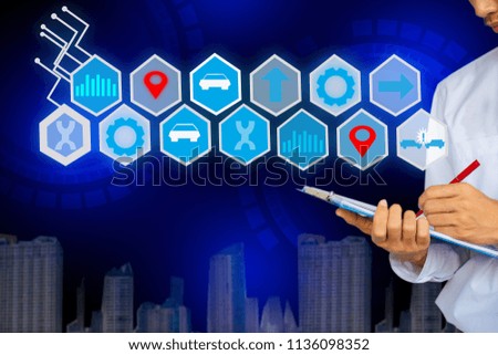 man on drak background with icon car technology for transportation business digital and automobile 