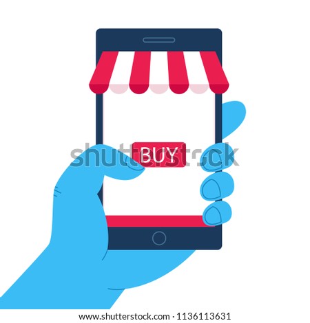 Hand holing smart phone with buy button on the screen. E-commerce flat design concept. Using mobile smart phone similar to iphon for online purchasing