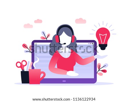 Concept customer and operator, online technical support 24-7 for web page. Vector illustration female hotline operator advises client. Online assistant, virtual help service. Royalty-Free Stock Photo #1136122934