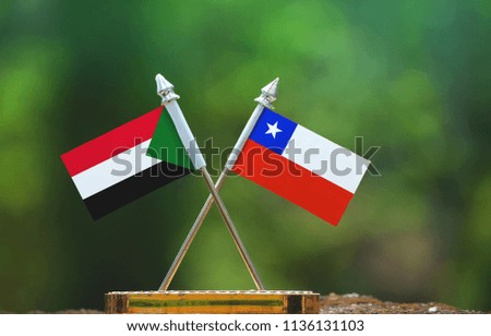 Chile and Sudan small flag with blur green background