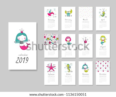 Calendar 2019. Templates with mermaid theme design. Vector illustration. Pink, blue and green colors.