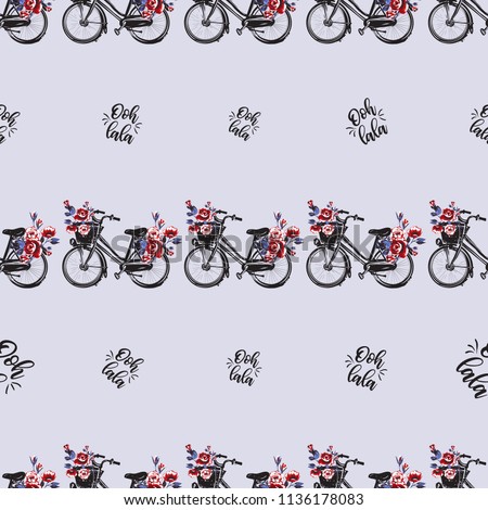 Pattern with Parisian city bike with basket with flowers and oh dear text in French. Hand drawn graphic illustration with French symbols. Vector watercolor style vintage seamless background.