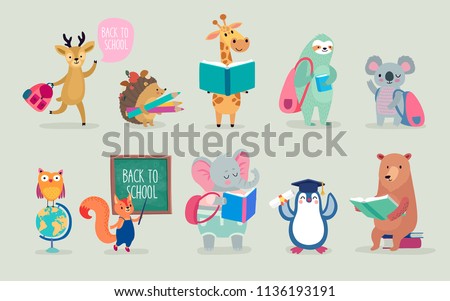 Back to school Animals hand drawn style, education theme. Cute characters. Bear, sloth, penguin, elephant, and others. Vector illustration.