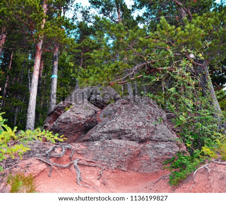 Rocky. Mountains against a blue sky. In the mountains, in the forest ...  Krasnoyarsk pillars. Tourism. Conservation area. Climbing.