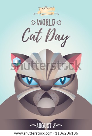 Vector illustration of cat. Poster for World Cat Day on August 8. Abstract geometric figure of Siamese cat. Fashionable and modern polygonal pattern. For postcards, calendars, posters, banners, flyers