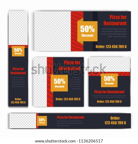 Creative Design For Food Web banners of different standard sizes. Templates with place for photos, buttons. Vector illustration. Set.