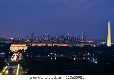 Washington DC skyline at night, including Lincoln Memorial, Washington Monument and Arlington Memorial Bridge