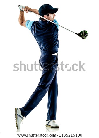 one caucasian man golfer golfing in studio isolated on white background Royalty-Free Stock Photo #1136215100