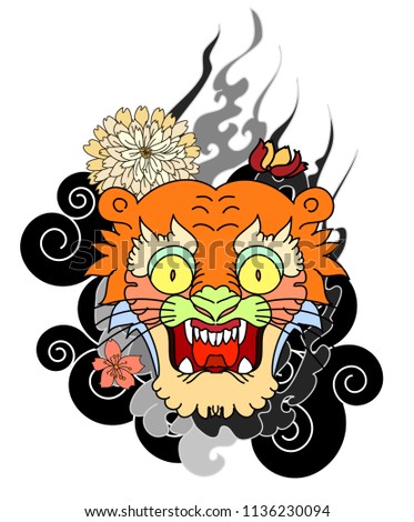 Tiger with peony and marigold flower on cloud background design for tattoo.Japanese Panther traditional tattoo idea.