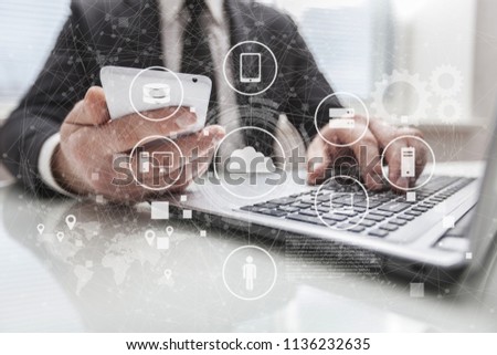 Business man using smartphone and illustration