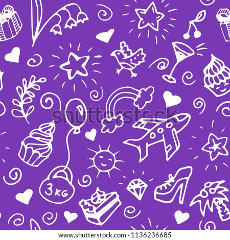 Birthday seamless handdrawn pattern, doodle. Vector illustration of flowers, cakes, hearts, stars, shoes, rainbow, toy ballon, bird, palm, brilliant, diamond, cherry, clouds, sun, wine glass.