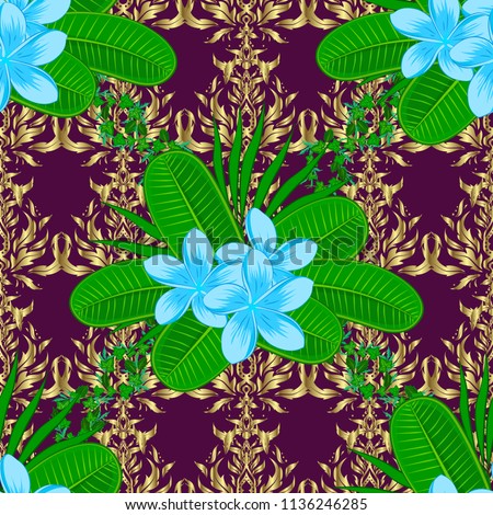 Decorative plumeria flowers repeating pattern. Vector illustration. Abstract elegance seamless pattern with floral motifs in green, blue and purple colors.