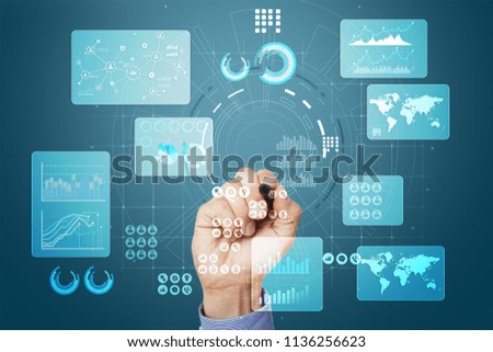 Virtual touch screen. Project management. Data analysis. Hitech technology solutions for business. Development. Icons and graphs background. Internet and technology.