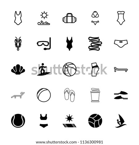 Beach icon. collection of 25 beach filled and outline icons such as slippers, carpet in the sun, aqualung, shell, surfing, crab. editable beach icons for web and mobile.