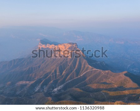 Panoramic aerial view of the rocky summits of the famous Cuatro Palos viewpoint in the Sierra Gorda of Querétaro in the town of Pinal de Amoles