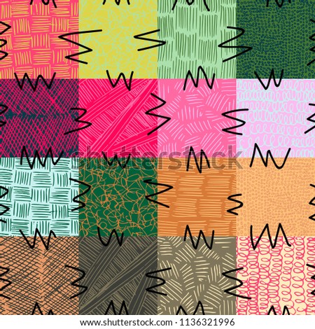 Colorful seamless patchwork pattern. Vector graphic background dotted, striped. Unusual textured ornament. For wallpaper, fabric print, furniture, table cloth.