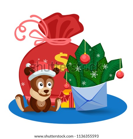 A puppy, a bag, gifts and an envelope with fir branches and bolls in front of the big bag.