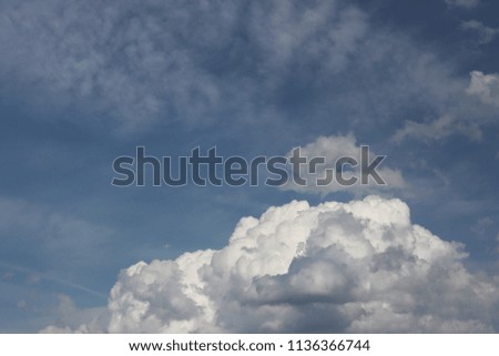 Clear blue sky with cumulus and cirrus clouds. Sunny weather. Joyful mood. High pressure. Clean air ecology. Water in a gaseous state. The source of rain and hail. Weather prediction.