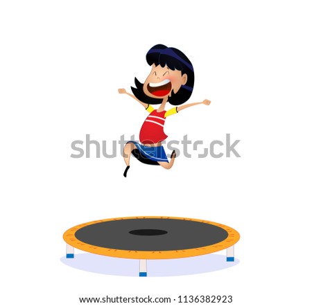 illustration of cartoon girl jumping on trampoline. Vector