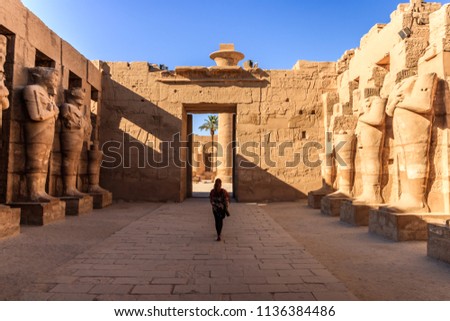 Ancient ruins and hieroglyphs at Karnak Temple, Luxor, Egypt.
Female tourist photographed from behind in temple of Karnak, Luxor, Egypt. Royalty-Free Stock Photo #1136384486