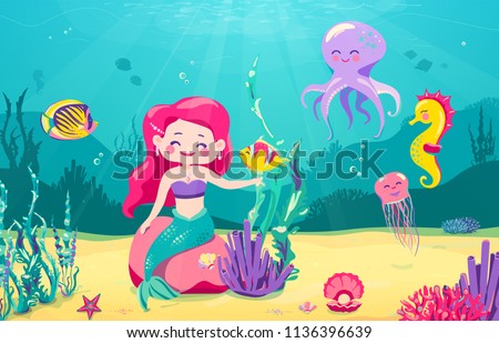 Cartoon mermaid background with fish, rocks, seaweed, pearl, jellyfish, coral, starfish, octopus, sea horse Underwater sea life cute character design Vector illustration