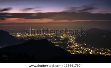 A panoramic night time shot of Salzburg in Austria, taken in summer