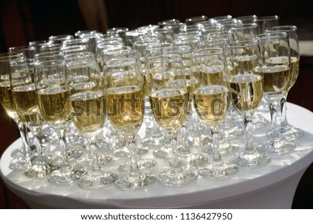 Rows of champagne and wine glasses for party and wedding. Welcome drink