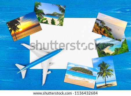 Travel by plane. Tropical resort. Advertising of company. Hotel booking.