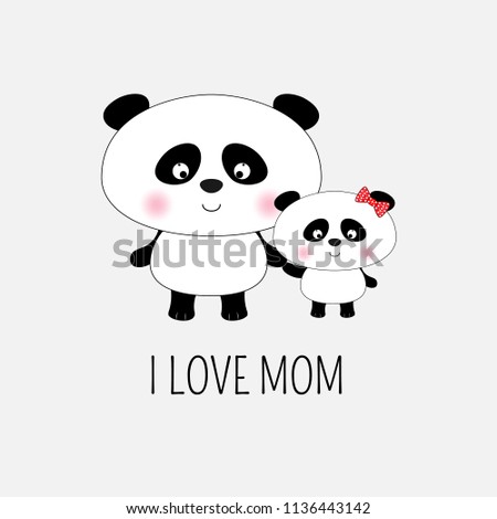 Two cute pandas, mom and baby hold hands. Sweet kids graphics for t-shirts. Greeting card.