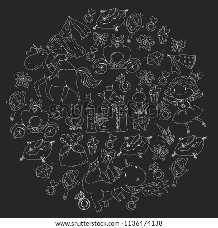 Princess vector patterns. Cute little princess with unicorn and dragon. Castle for little girl, dress, magic wand. Fairy tale icons with crown and frog. Fantasy illustration