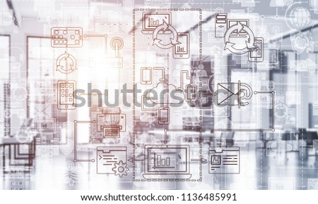 Business icons set and network internet communication concept on modern office background. Mixed media