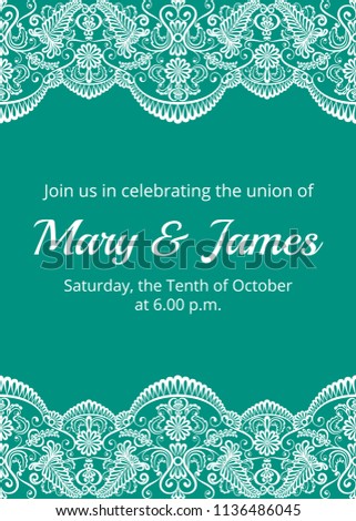 Wedding invitation template with white lace border on green background