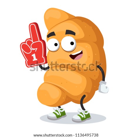 cartoon croissant character mascot with the number 1 one sports fan hand glove on a white background