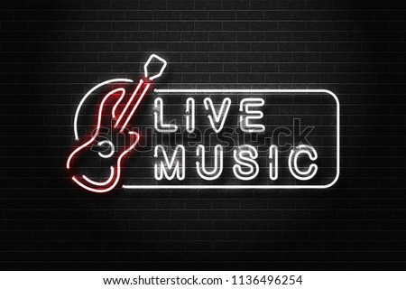 Vector realistic isolated neon sign of guitar live music logo for decoration and covering on the wall background. Concept of music, dj and concert.