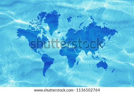 Blue World Map on wavy water surface background