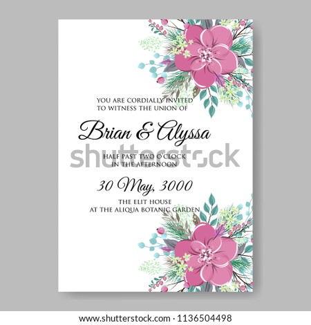 Floral wedding invitation vector printable template Marriage ceremony card pink anemone watercolor Peony bridal shower bouquet baby birth greeting card