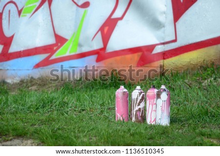 A few used paint cans lie on the ground near the wall with a beautiful graffiti painting. Street art and vandalism concept