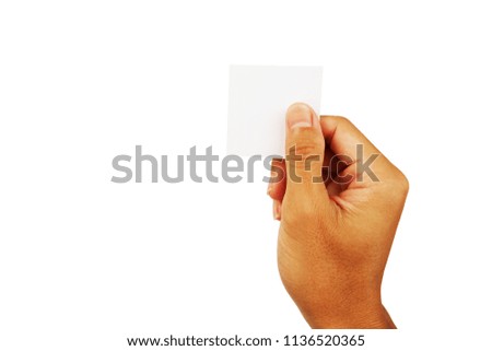 show hand of man in gesture hold card or note paper up isolated on white background