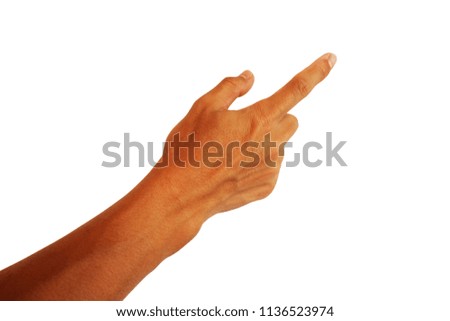 show hand of man with forefinger for point and press isolated on white background